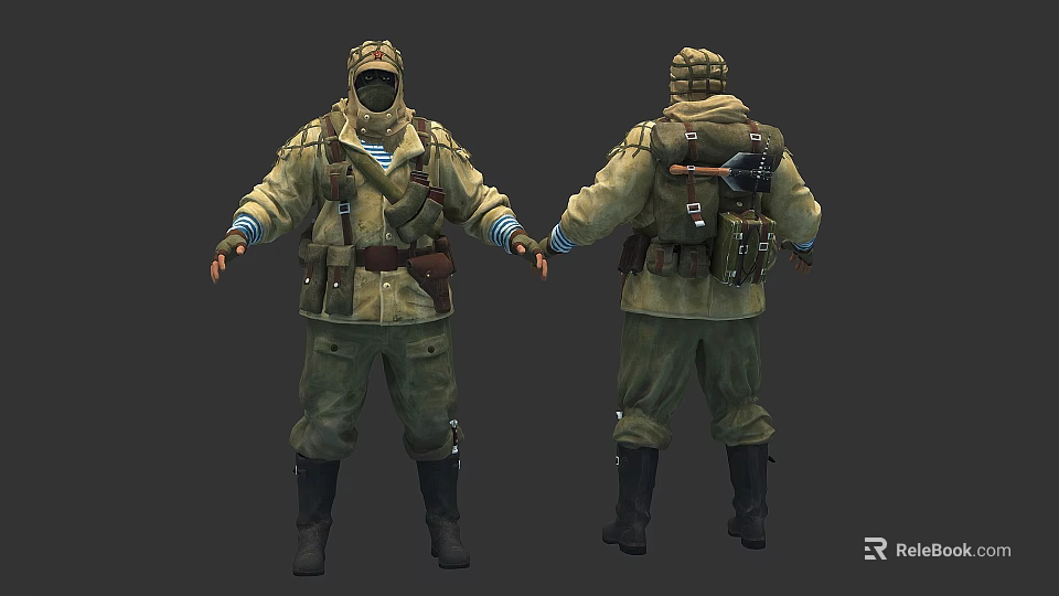 Game Movie Character In Green Military Uniform Front Back Views With Hat Backpack And Boots 3d model 