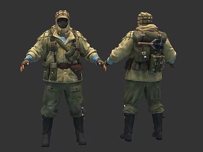 Game Movie Character In Green Military Uniform Front Back Views With Hat Backpack And Boots 3d model