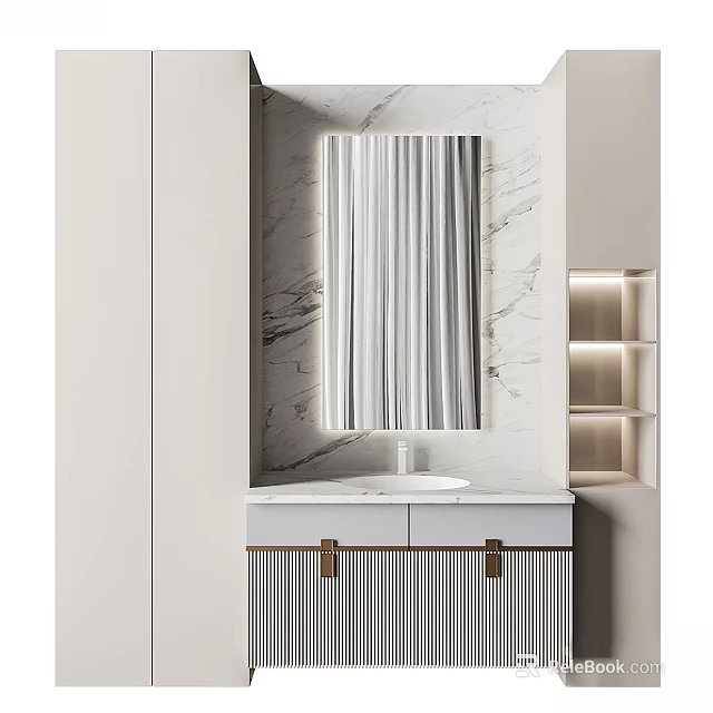 Modern Bathroom Vanity With Marble Backdrop Framed Mirror And Storage Cabinet 3d model