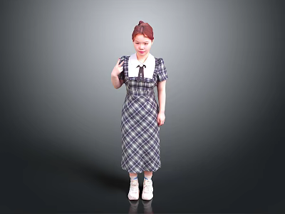 Stylish Woman With Red Hair Wearing Plaid Dress White Collar And White Shoes 3d model
