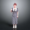 Stylish Woman With Red Hair Wearing Plaid Dress White Collar And White Shoes
