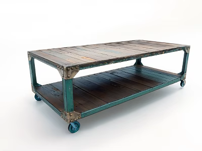 Rustic Industrial Coffee Table With Wooden Top Green Metal Frame Lower Shelf And Wheels 3d model