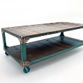 Rustic Industrial Coffee Table With Wooden Top Green Metal Frame Lower Shelf And Wheels