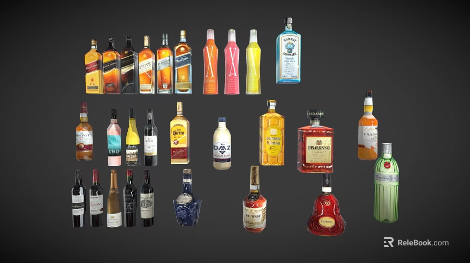 Assorted Beverage Bottles with Different Colors Shapes and Labels Displayed on Dark Background 3d model 