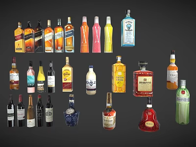 Assorted Beverage Bottles with Different Colors Shapes and Labels Displayed on Dark Background 3d model