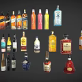 Assorted Beverage Bottles with Different Colors Shapes and Labels Displayed on Dark Background
