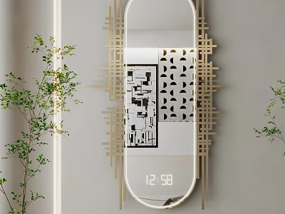 Oval Mirror With Gold Geometric Frame And Digital Clock In Modern Interior With Green Plants 3d model