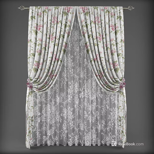 Elegant Floral Pattern Curtains With Double Layer Lace Sheer And Pink Green Flowers 3d model 