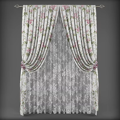 Elegant Floral Pattern Curtains With Double Layer Lace Sheer And Pink Green Flowers 3d model