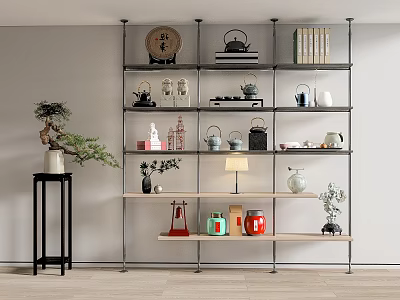 Modern Metal And Wooden Shelving Unit With Teapots Books Decorative Items Plants And Table Lamp 3d model
