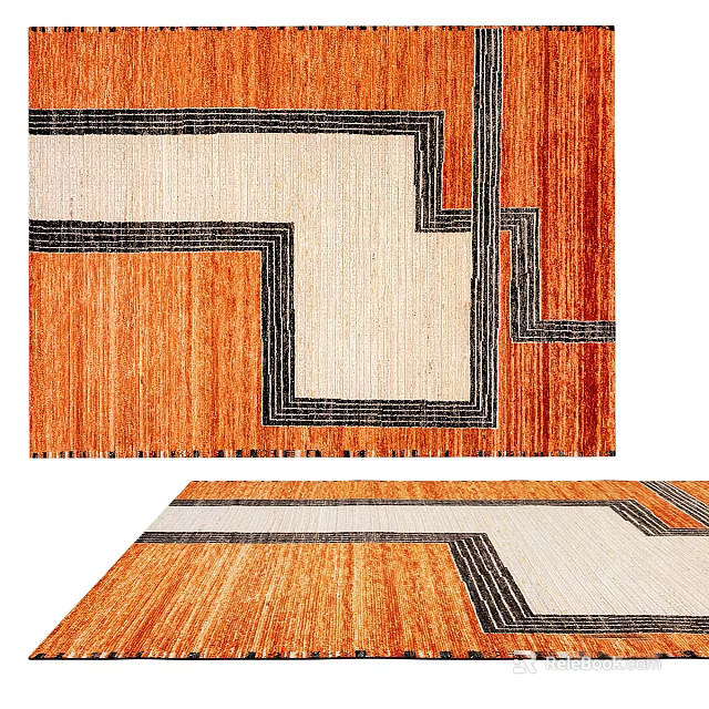 Stylish Square Rug with Orange and Beige Geometric Pattern and Textured Design 3d model