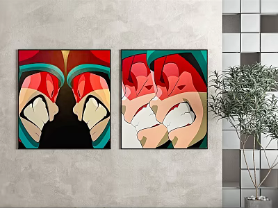 Abstract Paintings On Wall With Red Green Blue Geometric Shapes And Potted Plant 3d model
