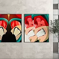 Abstract Paintings On Wall With Red Green Blue Geometric Shapes And Potted Plant