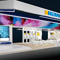 Modern Retail Store Exhibition Booth With White Sofas Display Cabinets And Colorful Screen