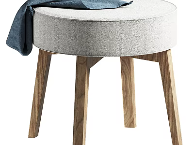 Light Gray Fabric Ottoman With Sturdy Wooden Legs And Decorative Draped Cloth 3d model