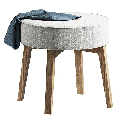 Light Gray Fabric Ottoman With Sturdy Wooden Legs And Decorative Draped Cloth 3d model