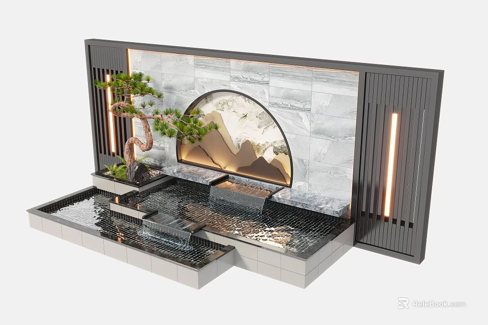 Modern Landscape Feature Wall With Mountain Art Water Flow Pine Tree And Lighting 3d model