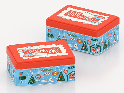 Christmas Decorative Tins With Red Lids Blue Bodies Merry Christmas And Holiday Tree Gift Patterns 3d model