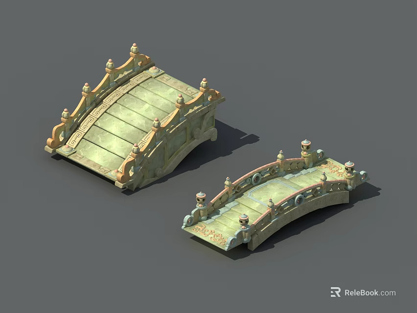 Two Traditional Stone Bridge Models With Ornate Railings And Carved Details 3d model 