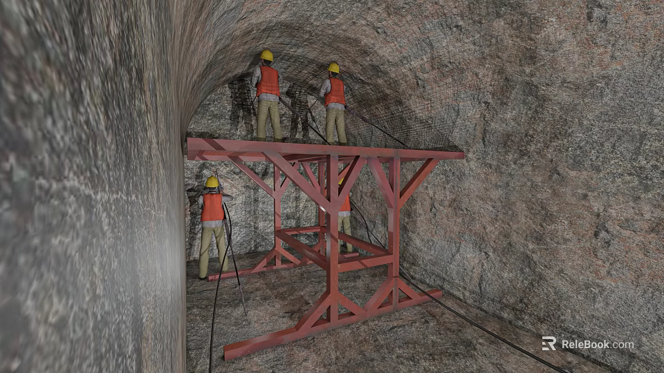 Road Infrastructure Tunnel Construction With Workers On Red Scaffolding And Safety Gear 3d model 