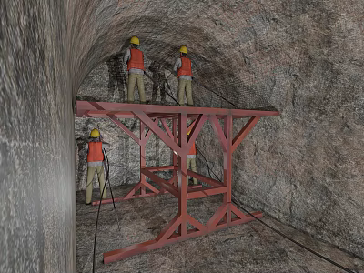Road Infrastructure Tunnel Construction With Workers On Red Scaffolding And Safety Gear 3d model