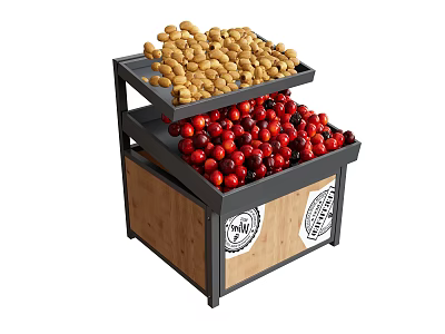 Fresh Red Cherries and Yellow Fruits on Double Layer Wooden Metal Display Stand 3d model