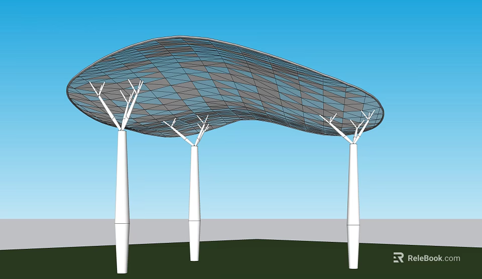 Modern Pergola with Curved Grid Roof and White Support Pillars in Outdoor Setting 3d model 