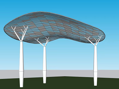 Modern Pergola with Curved Grid Roof and White Support Pillars in Outdoor Setting 3d model