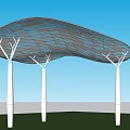 Modern Pergola with Curved Grid Roof and White Support Pillars in Outdoor Setting