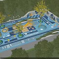 Outdoor Children's Play Area With Blue Ground Trees Slides And Circular Colorful Patterns