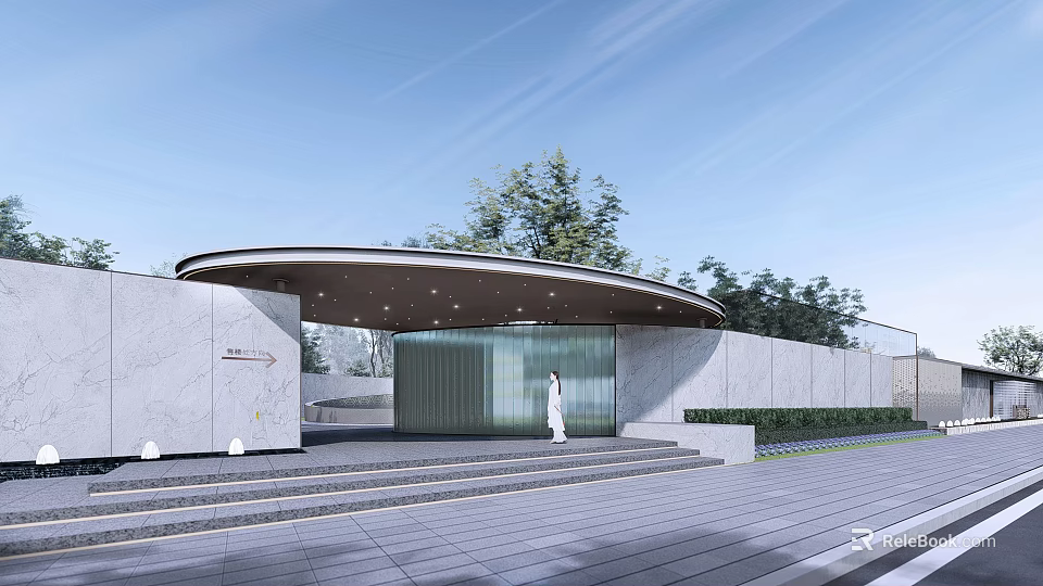 Modern Entrance Gate Design With Curved Roof Glass Door And Marble Wall 3d model 