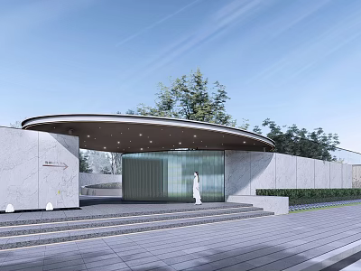 Modern Entrance Gate Design With Curved Roof Glass Door And Marble Wall 3d model