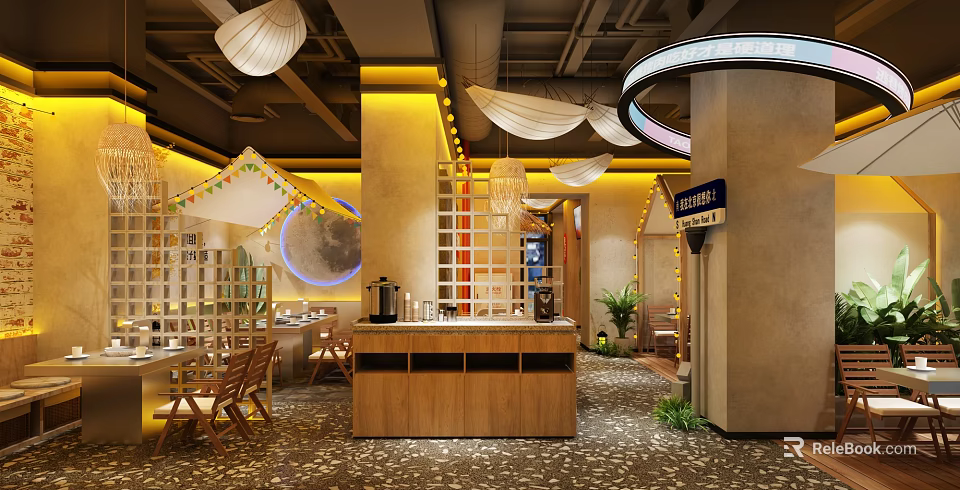 Cozy Restaurant Interior With Wooden Counter Open Layout White Pendant Lights And Plants 3d model 