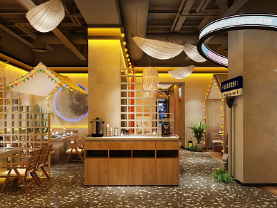 Cozy Restaurant Interior With Wooden Counter Open Layout White Pendant Lights And Plants 3d model