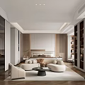 Modern Bedroom Interior With Upholstered Headboard Rounded Sofa Chairs Area Rug And Built in Bookshelves