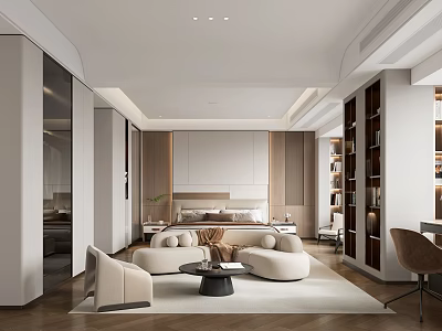 Modern Bedroom Interior With Upholstered Headboard Rounded Sofa Chairs Area Rug And Built in Bookshelves 3d model