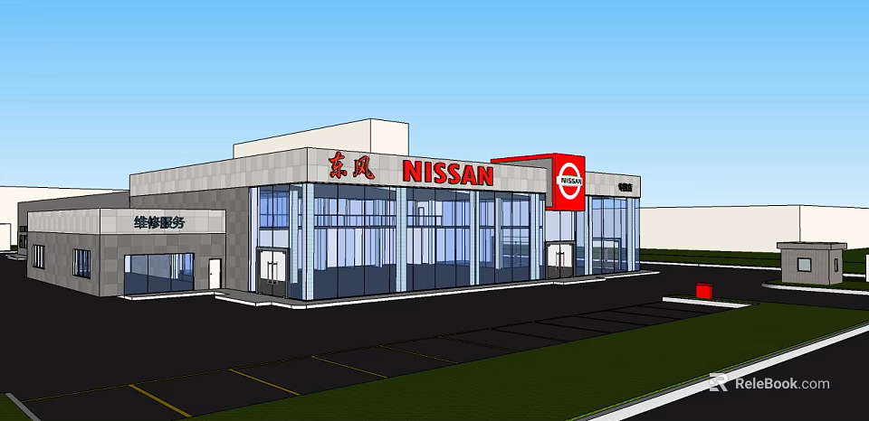 Modern Nissan 4S Dealership Exterior With Glass Curtain Wall And Parking Lot 3d model 