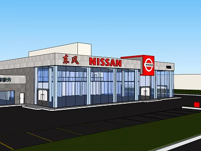 Modern Nissan 4S Dealership Exterior With Glass Curtain Wall And Parking Lot 3d model
