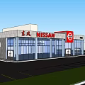 Modern Nissan 4S Dealership Exterior With Glass Curtain Wall And Parking Lot