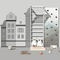 Gray And White Building Shaped Play Equipment With Ladder Climbing Wall And Soft Toys