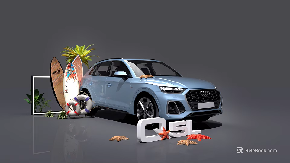 Light Blue Audi Q3 Photo Spot With Surfboards Lifebuoy Green Plants And Starfish 3d model 