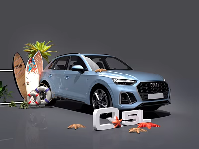 Light Blue Audi Q3 Photo Spot With Surfboards Lifebuoy Green Plants And Starfish 3d model