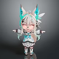 Chibi Style Game Movie Character With White Light Green Hair Feather Ears Round Glasses Dress