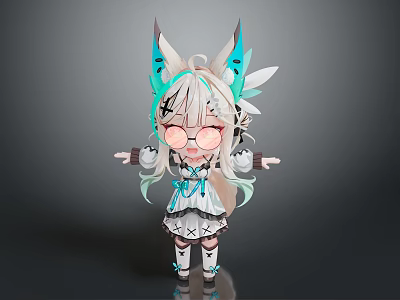 Chibi Style Game Movie Character With White Light Green Hair Feather Ears Round Glasses Dress 3d model