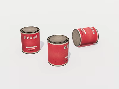 Red Cans With Story Labels Arranged In Three Different Positions 3d model