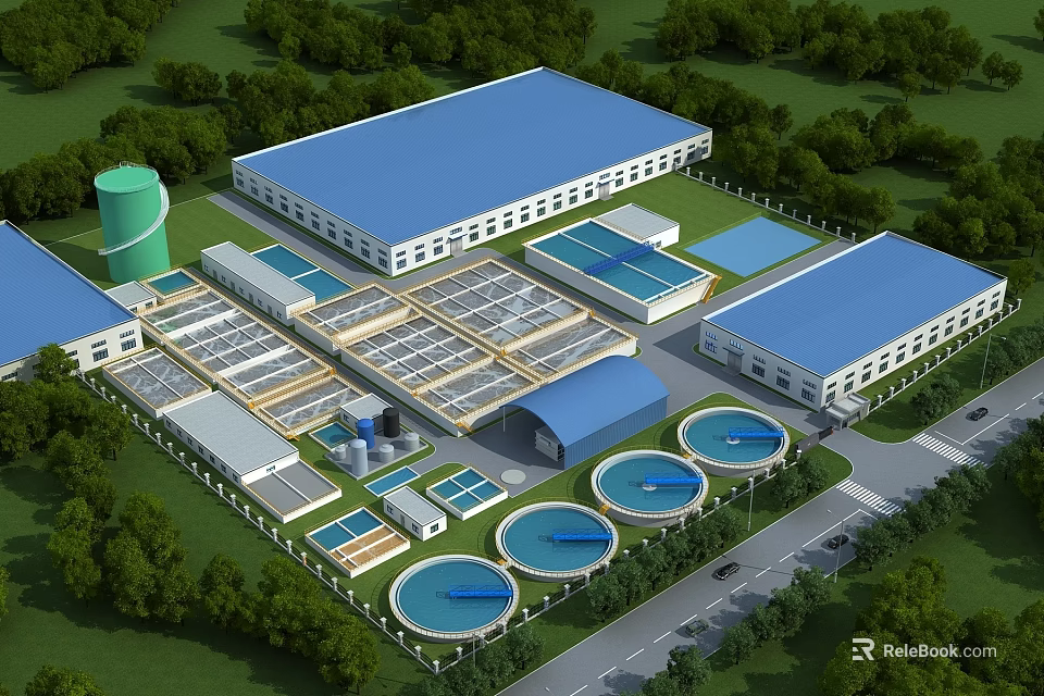 Industrial Plant Featuring Blue Roof Multiple Buildings Circular Processing Tanks Surrounding Greenery Trees And Road 3d model 