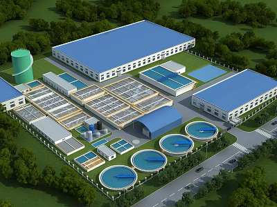 Industrial Plant Featuring Blue Roof Multiple Buildings Circular Processing Tanks Surrounding Greenery Trees And Road 3d model