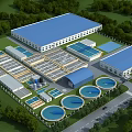 Industrial Plant Featuring Blue Roof Multiple Buildings Circular Processing Tanks Surrounding Greenery Trees And Road