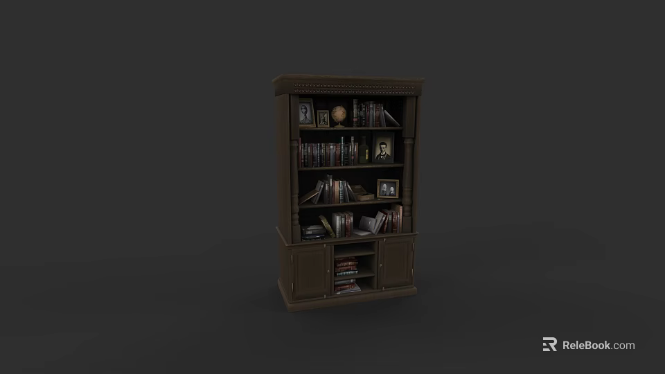 Traditional Dark Brown Wooden Bookshelf With Books And Photo Frames On Shelves 3d model 