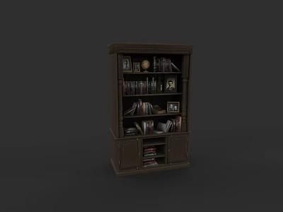 Traditional Dark Brown Wooden Bookshelf With Books And Photo Frames On Shelves 3d model